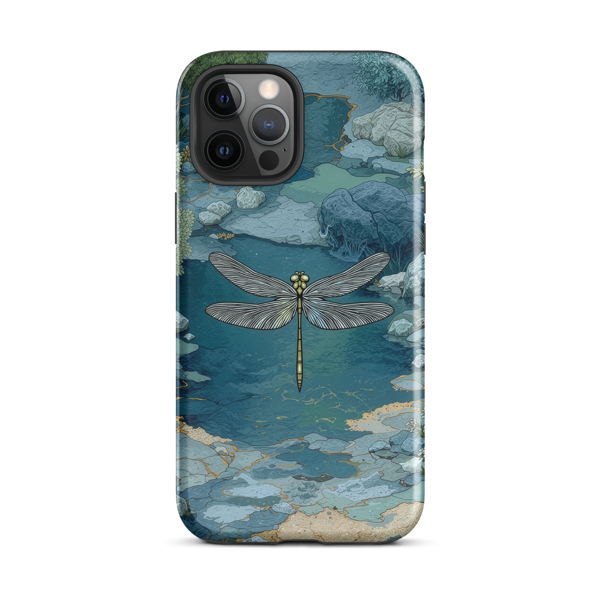 Nature-inspired phone case featuring a dragonfly over calm water with blue and green forest tones.