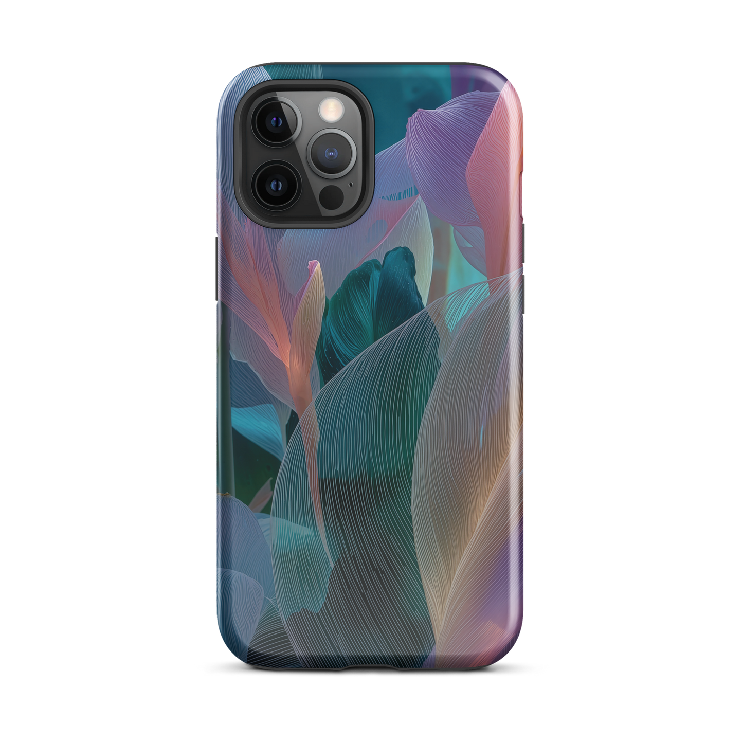 Abstract pastel botanical designer phone case in pink, lilac and teal tones with soft flowing floral textures