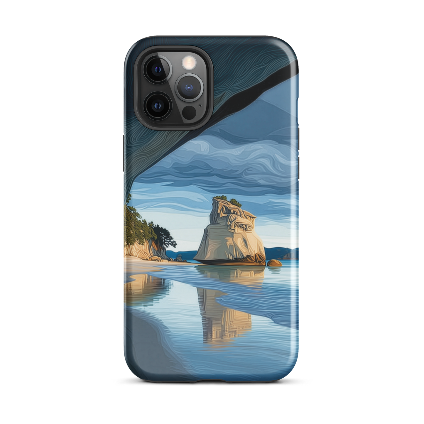 Artistic Cathedral Cove coastal designer phone case with arch rock, blue ocean and golden cliffs