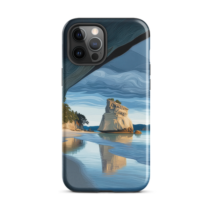 Artistic Cathedral Cove coastal designer phone case with arch rock, blue ocean and golden cliffs