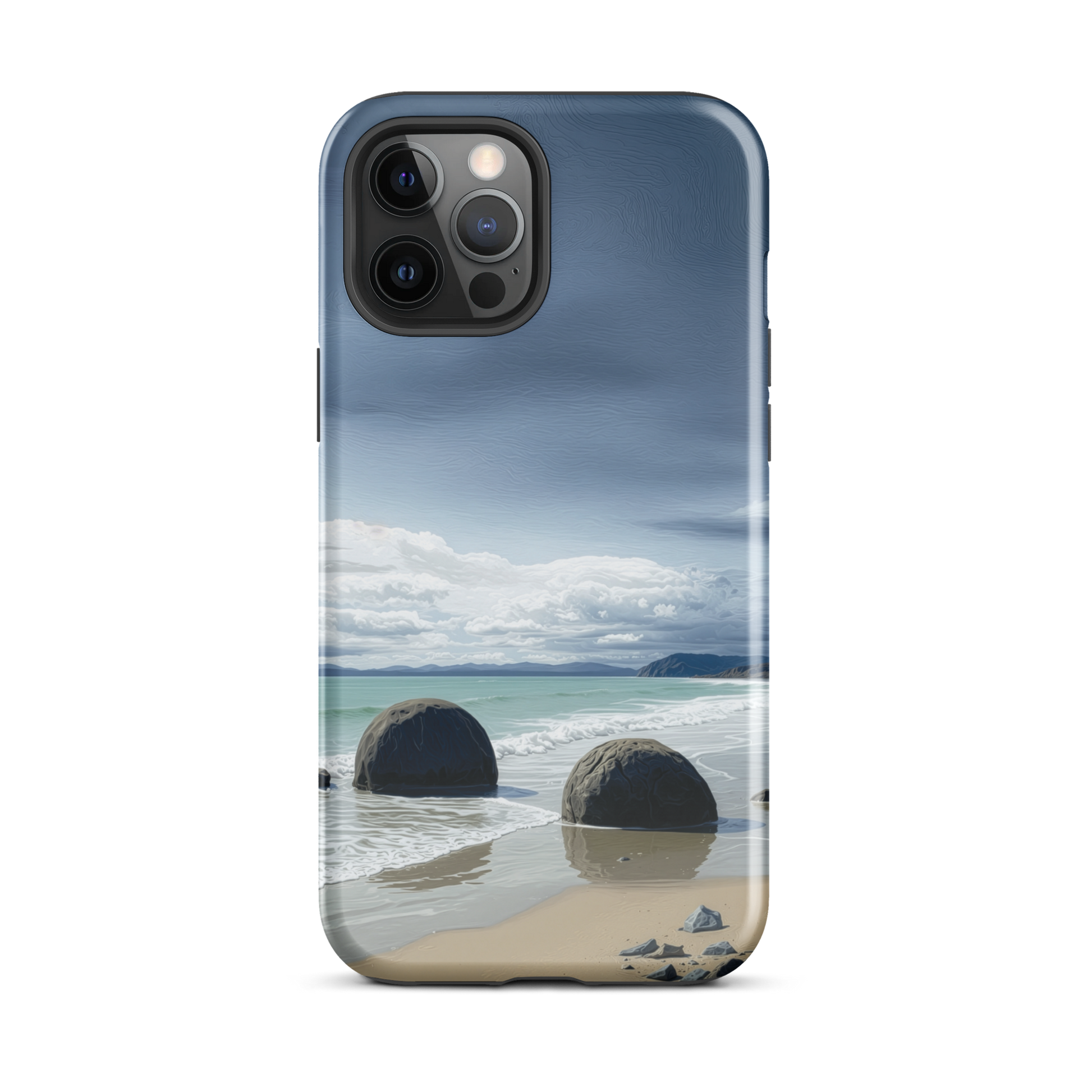 Moeraki Boulders coastal designer phone case with ocean waves and dramatic NZ sky