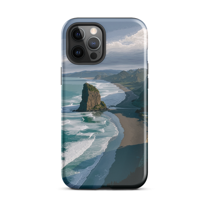 Piha Beach Lion Rock designer phone case with turquoise waves and dramatic NZ coastline