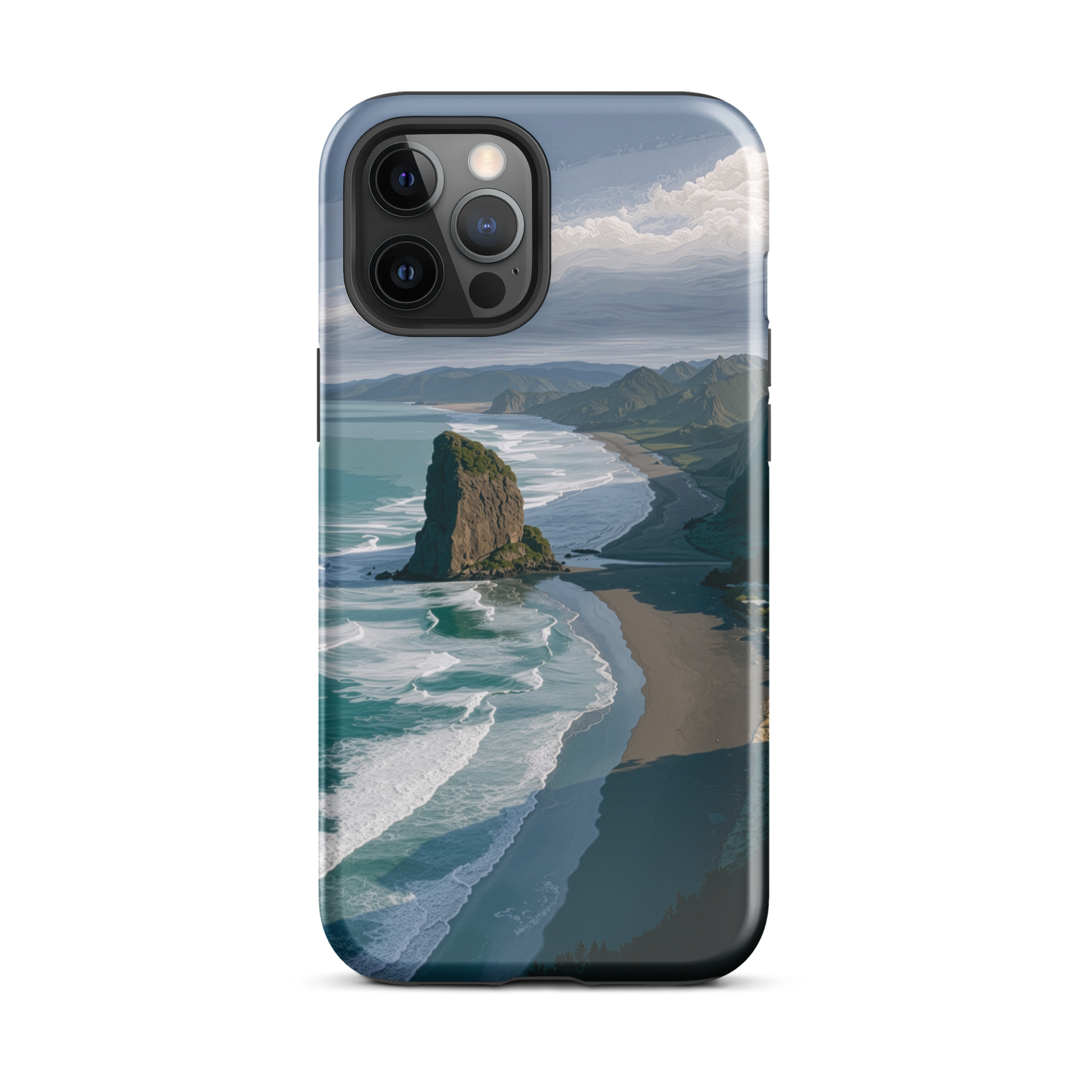 Piha Beach Lion Rock designer phone case with turquoise waves and dramatic NZ coastline