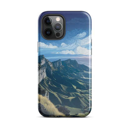 Te Mata Peak designer phone case with Hawke’s Bay cliffs, rolling green hills and dramatic swirling sky