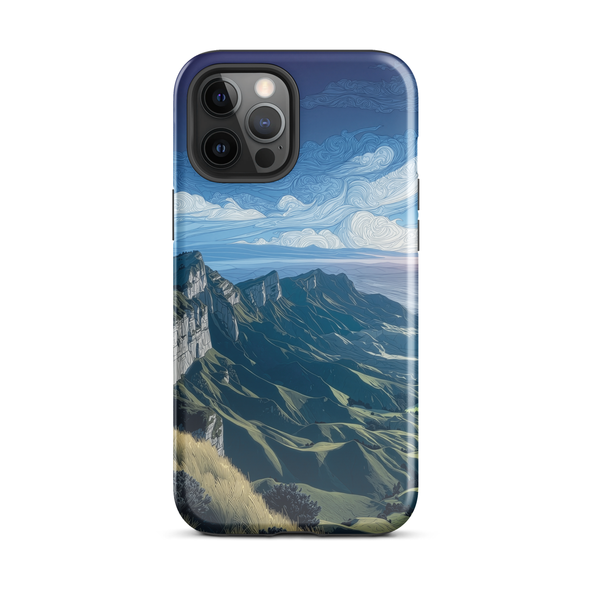 Te Mata Peak designer phone case with Hawke’s Bay cliffs, rolling green hills and dramatic swirling sky