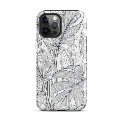 Minimal black and white tropical leaf designer phone case with detailed botanical line art