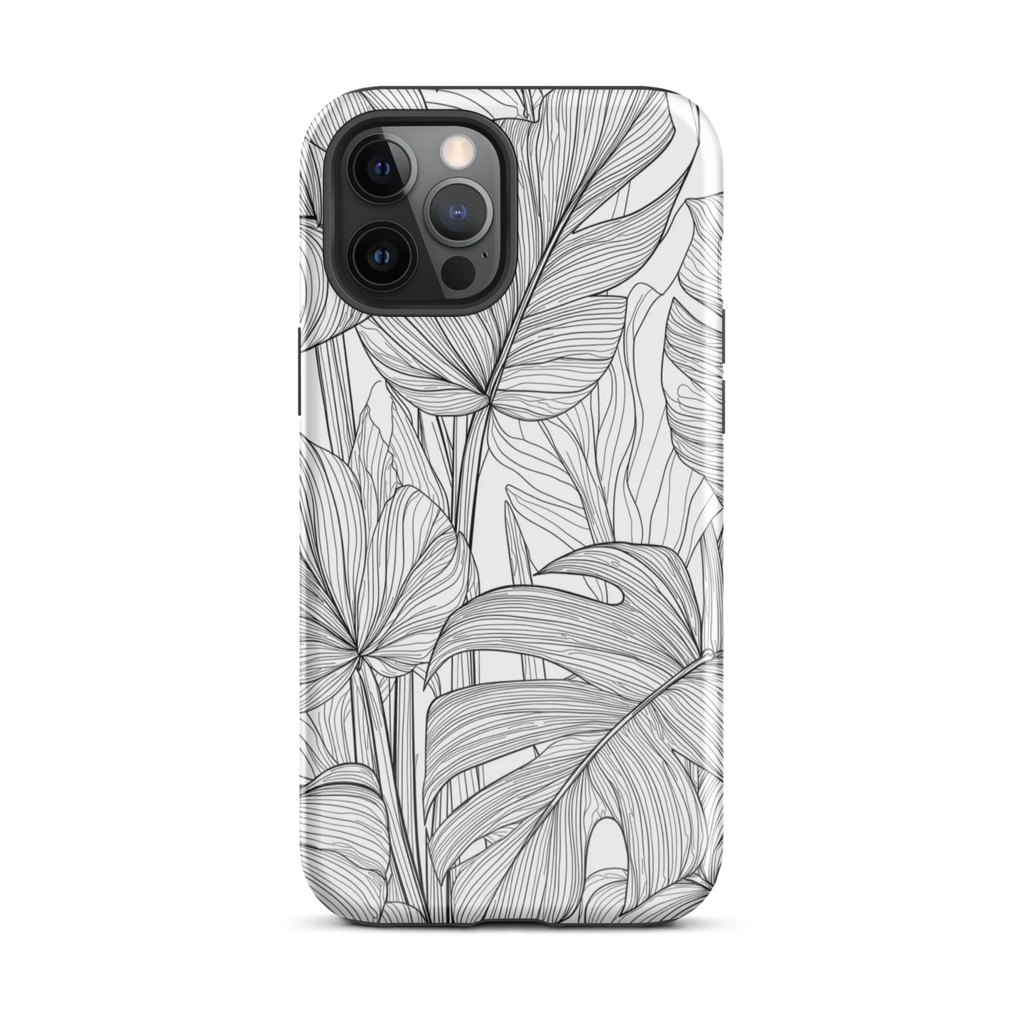 Minimal black and white tropical leaf designer phone case with detailed botanical line art