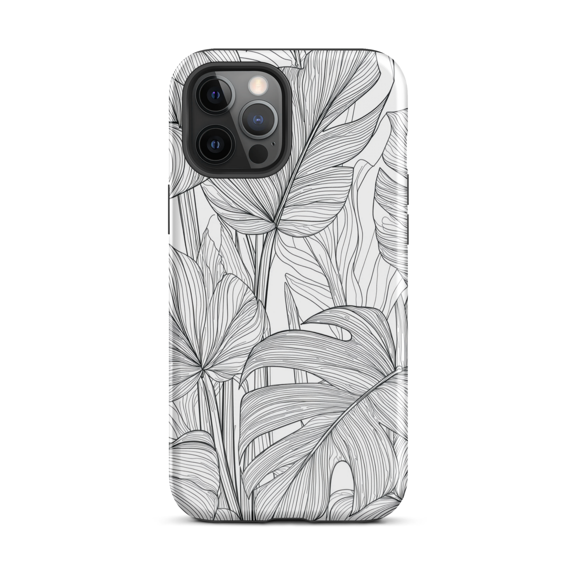 Minimal black and white tropical leaf designer phone case with detailed botanical line art