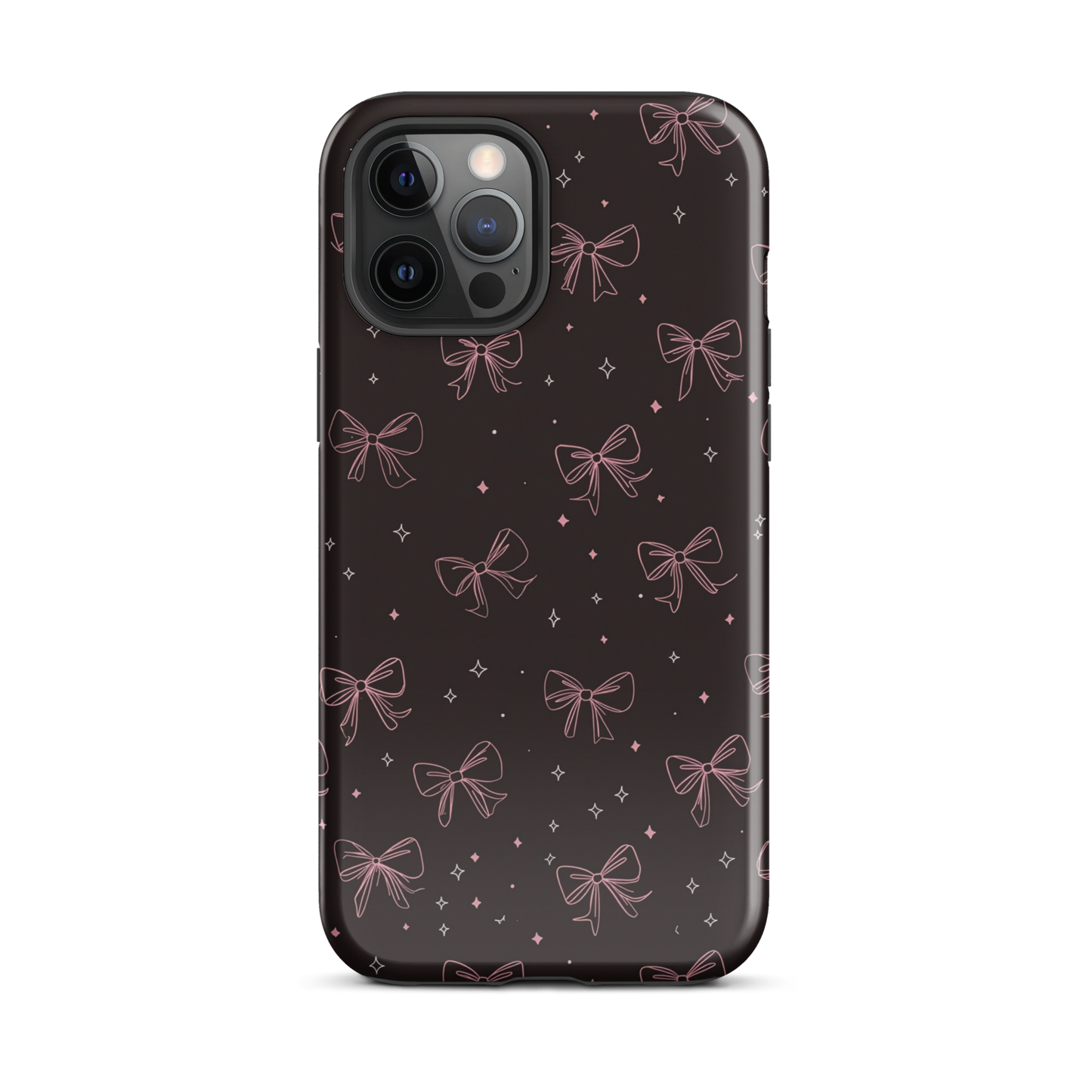 Midnight Bow seamless repeat pattern — pink hand-drawn ribbon bows and sparkle stars on a black background