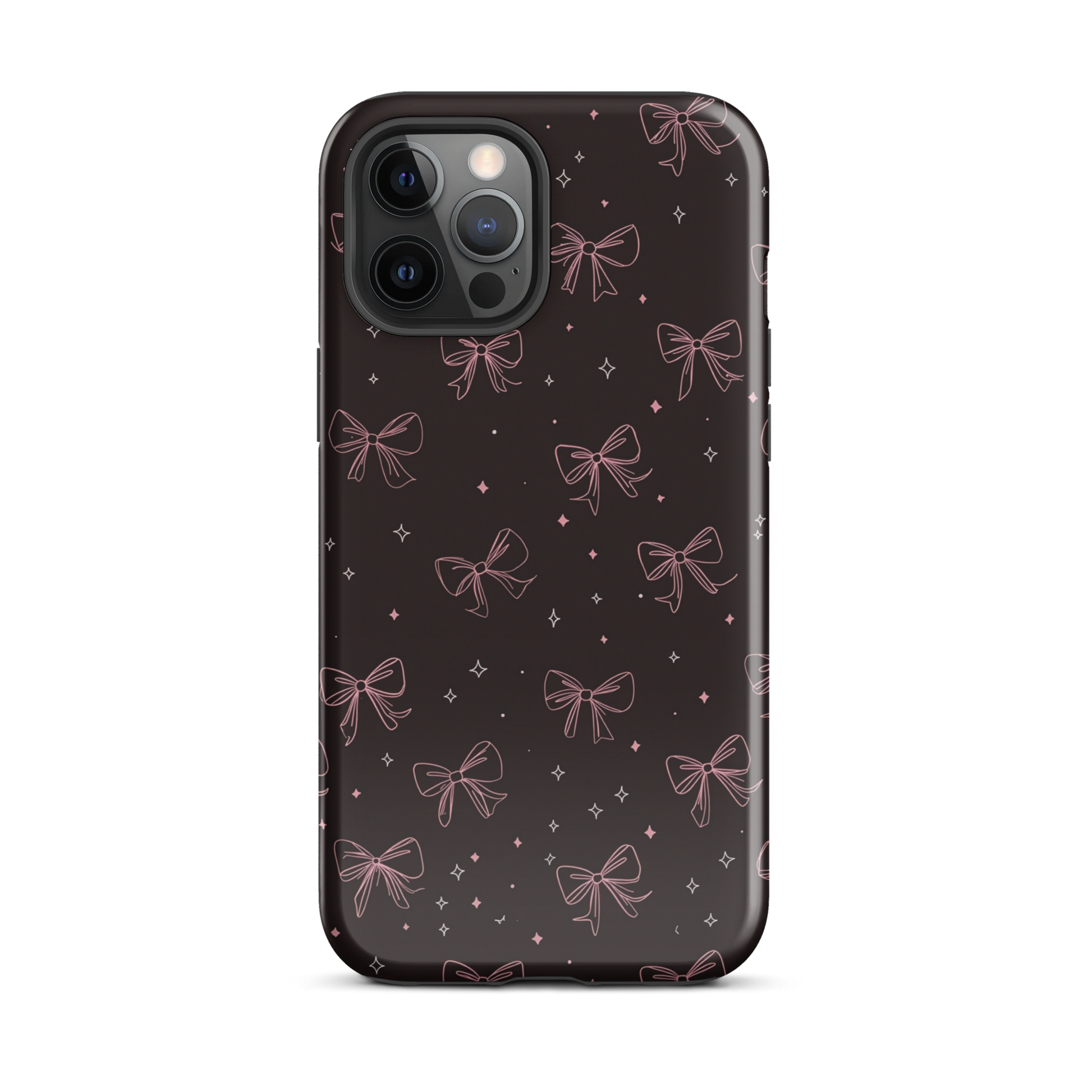 Midnight Bow seamless repeat pattern — pink hand-drawn ribbon bows and sparkle stars on a black background