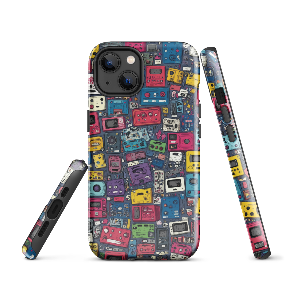 'Arcade' iPhone case, featuring a vibrant collage of hand-drawn controllers in bold, vintage-inspired colours. From electric blue and hot pink to classic black and yellow
