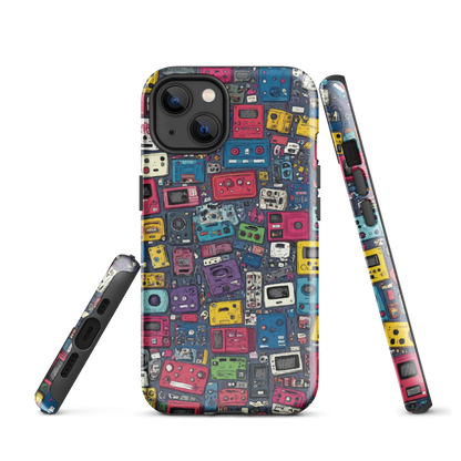 'Arcade' iPhone case, featuring a vibrant collage of hand-drawn controllers in bold, vintage-inspired colours. From electric blue and hot pink to classic black and yellow