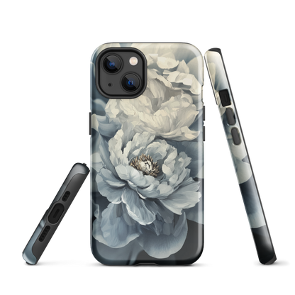 'Whisper' iPhone case features a stunning close-up of softly painted peony blooms in dreamy shades of ivory, grey, and smoky blue.