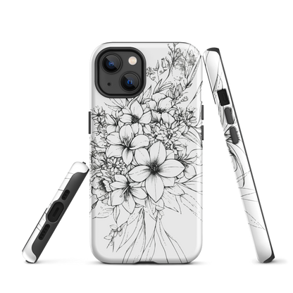 Black and white floral phone case with hand-drawn lilies and wildflowers