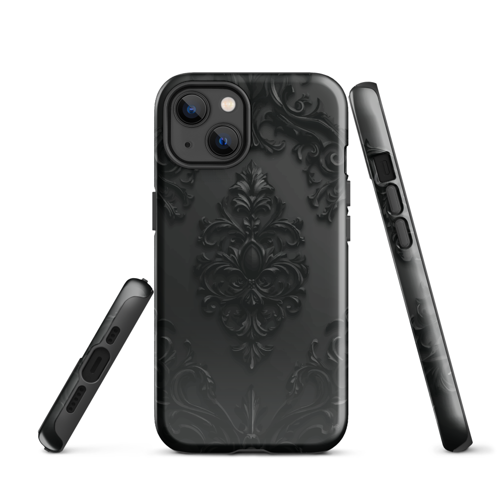Black embossed damask phone case with gothic baroque pattern.