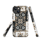 Moroccan tile pattern phone case in black, white, and gold tones with vintage-inspired design.