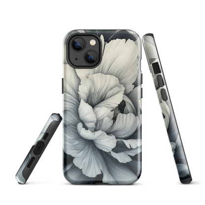 Black and white floral phone case featuring a soft, moody peony design by New Zealand artist Ben Hart.