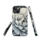 Black and white floral phone case featuring a soft, moody peony design by New Zealand artist Ben Hart.