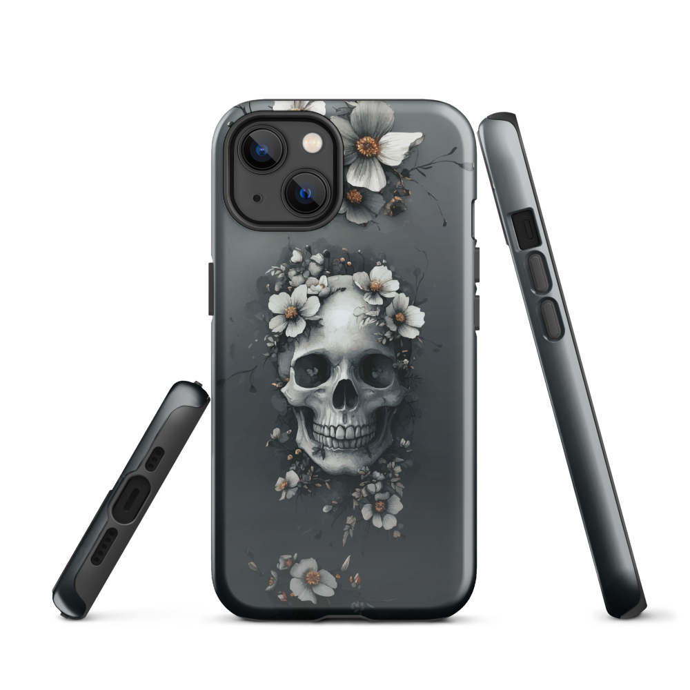 Gothic phone case with a floral skull design in grey tones, featuring white blossoms and dark detailing.