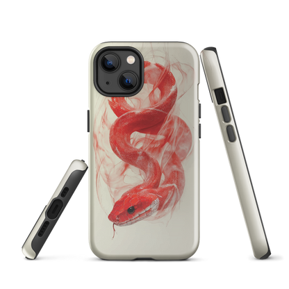 Phone case with red snake design on a cream background, coiled in smoky detail. Bold artwork by NZ designer Ben Hart.