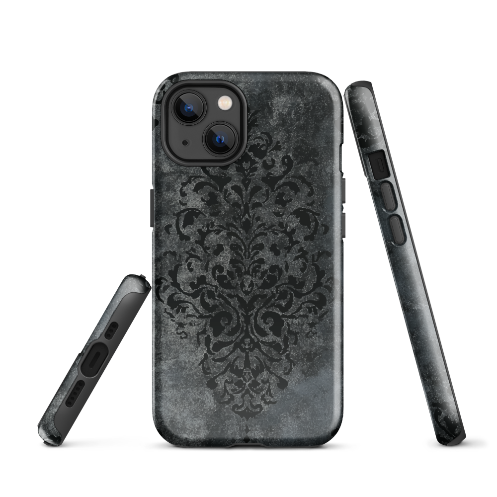 Dark damask patterned phone case with a vintage gothic aesthetic and textured stone background.
