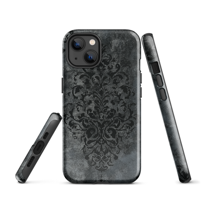 Dark damask patterned phone case with a vintage gothic aesthetic and textured stone background.