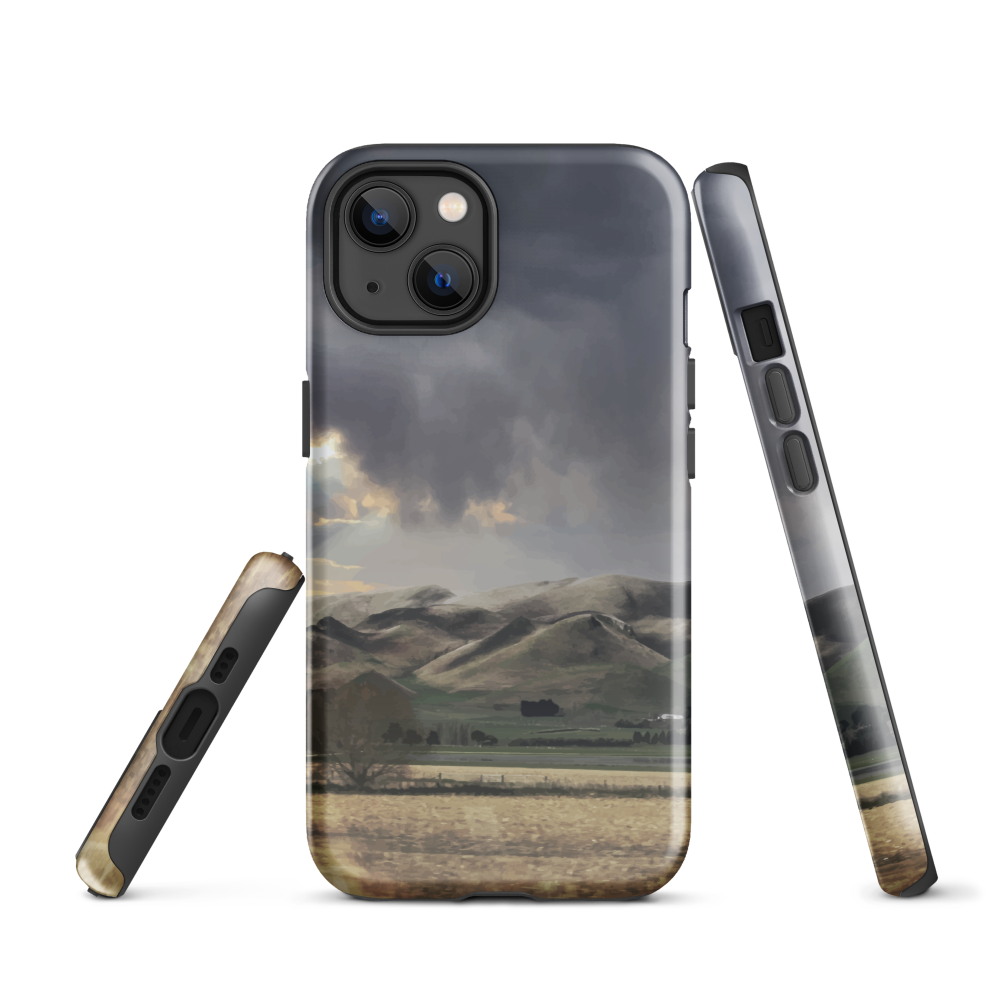 Designer phone case with NZ landscape painting of Te Hauke and cloudy skies by Ben Hart.