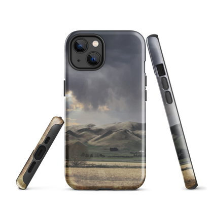 Designer phone case with NZ landscape painting of Te Hauke and cloudy skies by Ben Hart.