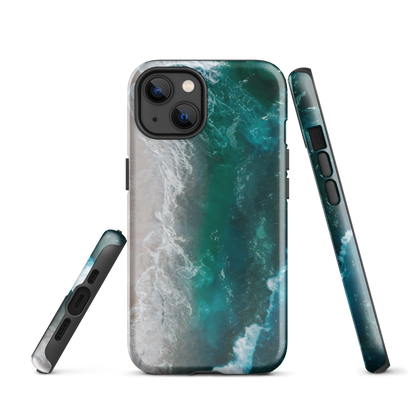 Ocean wave phone case with abstract beach design in teal and white, by NZ artist Ben Hart.