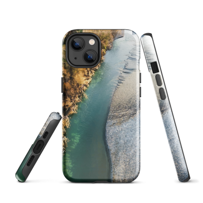 Phone case with aerial riverbend artwork and earthy tones, designed by New Zealand artist Ben Hart.