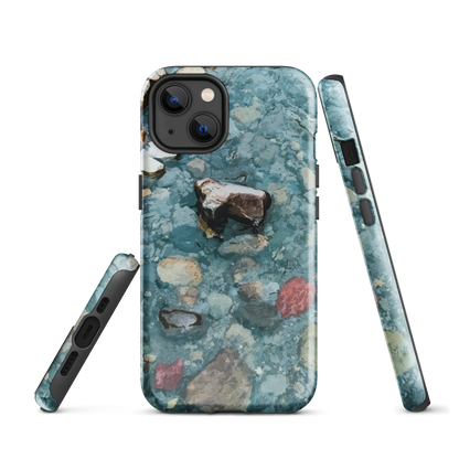 Washed Away designer phone case with abstract river stone artwork in earthy blues and natural tones.