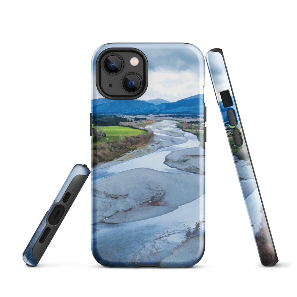 Waiohine phone case featuring artwork of New Zealand’s braided riverbed landscape in the Wairarapa.