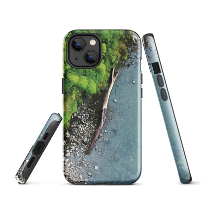 Resting Place phone case with aerial artwork of river rocks, green bush, and driftwood in a New Zealand stream.