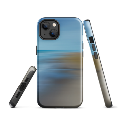 Ocean Breeze phone case with abstract blue and sandy tones inspired by sea and sky.