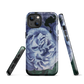 Designer phone case with a bold blue rose artwork and glossy finish.
