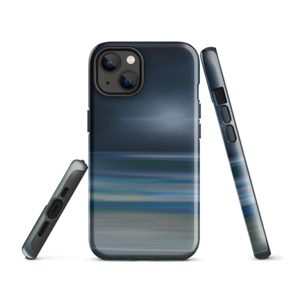 Dark abstract phone case with blue and grey streaks and glossy finish.