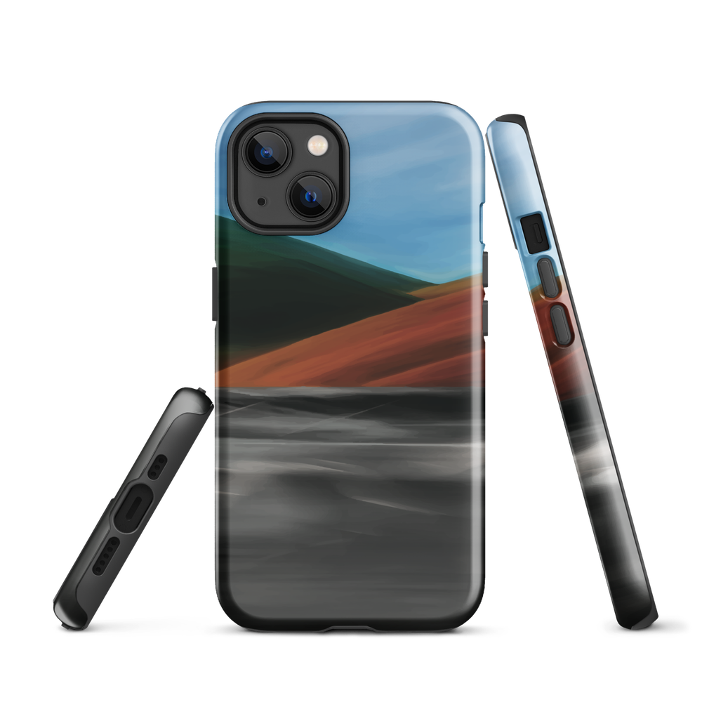 Phone case with abstract red, green, and blue heat wave landscape design.