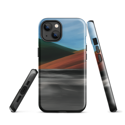 Phone case with abstract red, green, and blue heat wave landscape design.