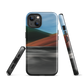 Phone case with abstract red, green, and blue heat wave landscape design.