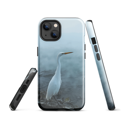 Phone case with a white heron standing in a misty wetland scene.