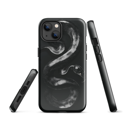 Phone case with detailed black python design on dark background.