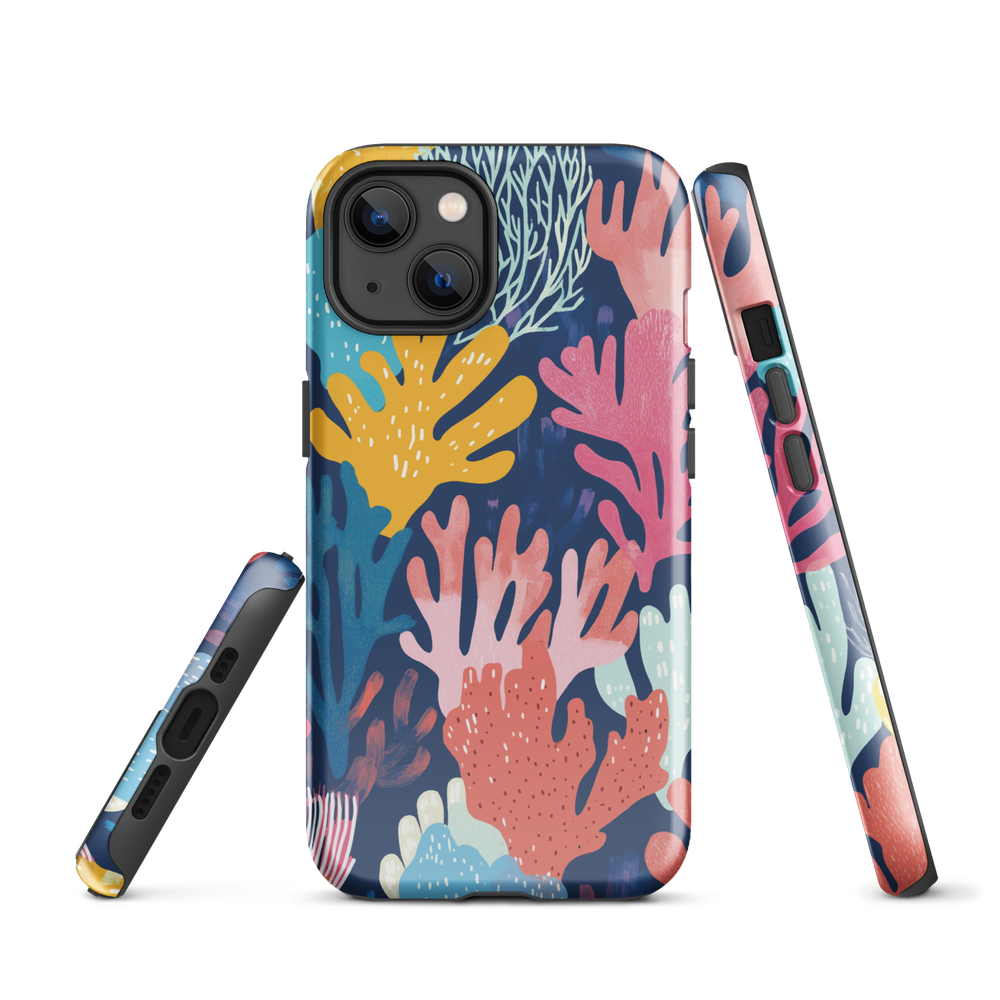 Colourful coral reef phone case design in pink, blue and yellow by NZ artist Ben Hart