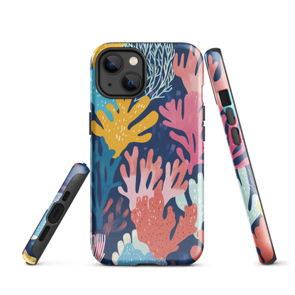 Colourful coral reef phone case design in pink, blue and yellow by NZ artist Ben Hart