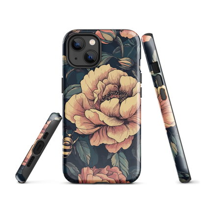 Phone case with vintage-style pink roses and bees on dark background, floral New Zealand artwork.