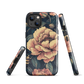 Phone case with vintage-style pink roses and bees on dark background, floral New Zealand artwork.