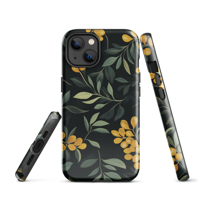 NZ Kowhai phone case with native yellow floral and green leaves on black background by designer Ben Hart.