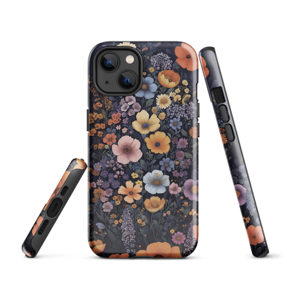 Phone case with colourful wildflowers on dark background, floral art design