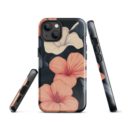 Phone case with coral hibiscus flowers and ivory blooms on dark background
