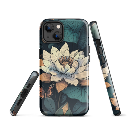 Phone case with ivory water lily, green leaves, and butterfly accents on dark background