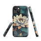 Phone case with ivory water lily, green leaves, and butterfly accents on dark background